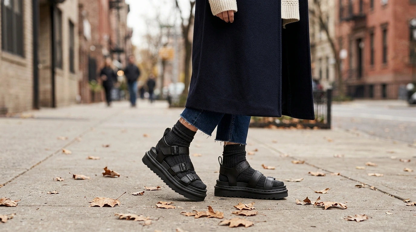 Chunky Dr. Martens Black Leather Sandals for Cold Days